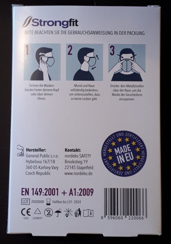 Atemschutz-Faltmaske von Strongfit | FFP 2 NR | CE 1024 | Made in EU | ab € 0,79